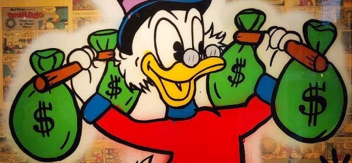 Mister Scrooge With $ Bag Dumbbells - 36" x 24" inch - mixed media