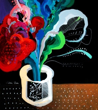 Pot with flowers - 72 x 57 cm - Laque sur bois