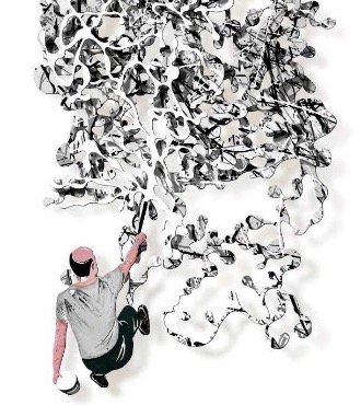 Hommage à Jackson Pollock black & white - 81 x 165 cm - Sculpture murale 3D en métal découpée au laser