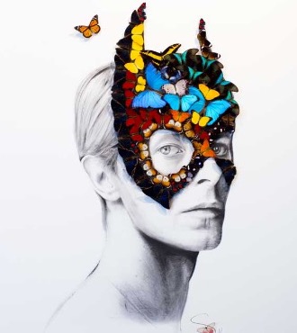 David Bowie - Acrylique sur papier et papillons naturalisés - 139 x 120 x 10 cm