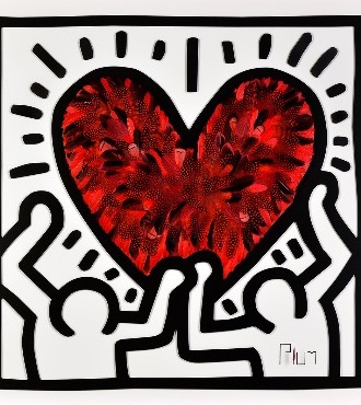 Crush - Tribute to Keith Haring - 100 x 100 cm - Plumes et dessin