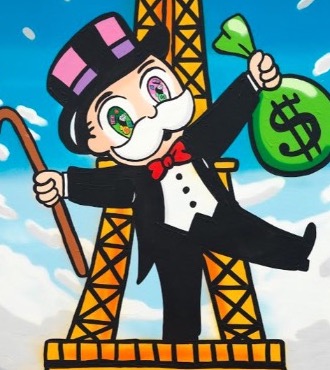 Monopoly big eyes on Eiffel Tower - 50" x 32" inch - mixed media