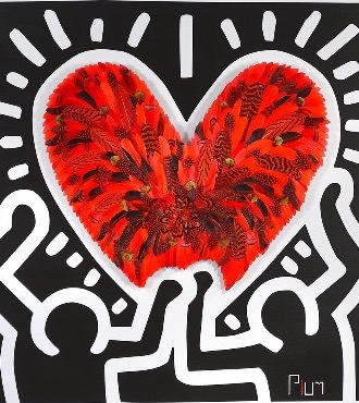 Crush - Tribute to Keith Haring - red and black background - 120 x 120 cm - Plumes et dessin