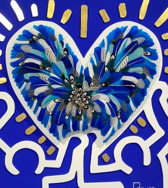 Crush - Tribute to Keith Haring - Bleu Klein - 47" x 47" - Plumes and drawing