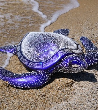 Blue Turtle - (L) 50 x (H) 16 x 30 (W) cm - Scupture en résine, silicone et cristaux Swarovski