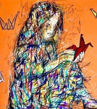 L'envol de papier - Inks of China, aerosol and resin on cloth - 59" x 59" inches