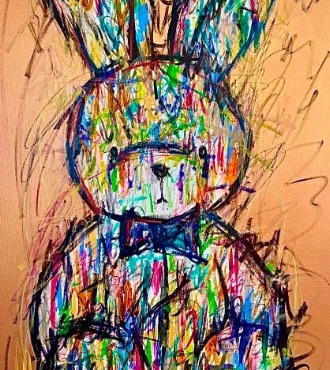 Monsieur Lapin - Inks of China, aerosol and resin on cloth - 39" x 59" inches