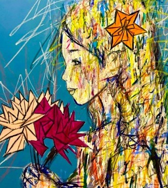 Sous l'étoile orange les pétales se souviennent - Inks of China, aerosol and resin on cloth - 47" x 47" inches