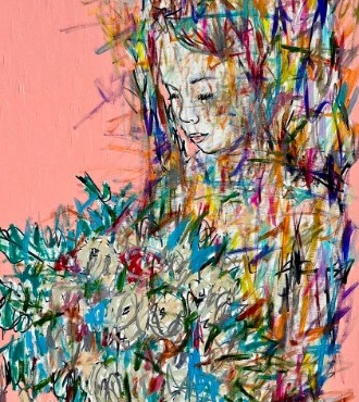 Un moment pour aimer - Inks of China, aerosol and resin on cloth - 39" x 59" inches