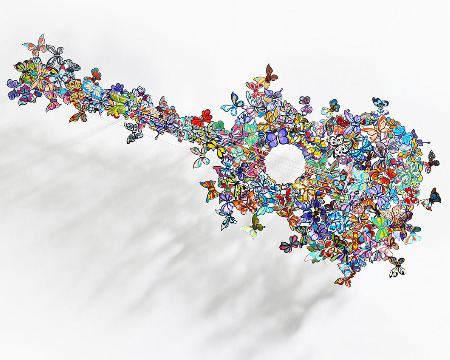 Butterflies guitar colors - 123 x 46 cm - Sculpture murale 3D en métal découpée au laser