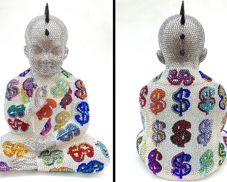 Punk Buddha - Infinity feat Warhol - 46 x 36 x 30 cm - Sculpture en fibre de verre, peinture acrylique et cristaux Swarovski