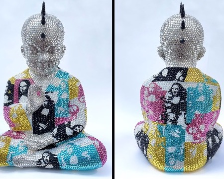 Punk Buddha - Me and Myself ft Warhol - 46 x 36 x 30 cm - Sculpture en fibre de verre, peinture acrylique et cristaux Swarovski