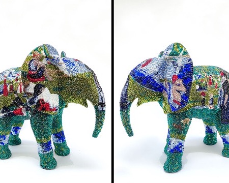 Sunday's at the park feat Seurat - 36 x 33 x 41 cm - Sculpture en fibre de verre, peinture acrylique et cristaux Swarovski