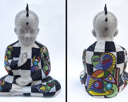 Louis & Pablo III feat Picasso - 46 x 36 x 30 cm - Sculpture en fibre de verre, peinture acrylique et cristaux Swarovski