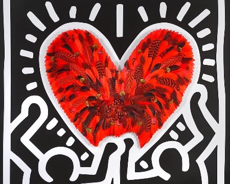 Crush - Tribute to Keith Haring - red and black background - 47" x 47" - Plumes and drawing