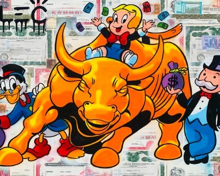 $ Team Wall St. Gold Bull Purple $ Bags Painting - 48" x 36" inch - mixed media