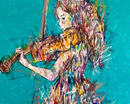 L'enfant qui joue le ciel - Inks of China, aerosol and resin on cloth - 39" x 59" inches