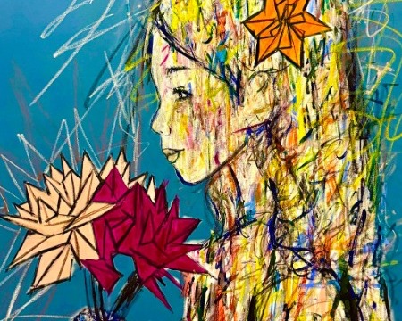 Sous l'étoile orange les pétales se souviennent - Inks of China, aerosol and resin on cloth - 47" x 47" inches