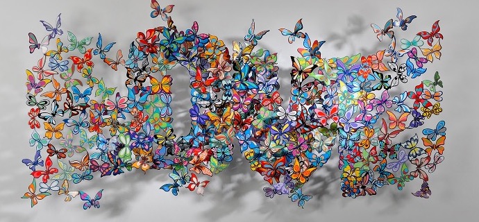 Love flutter BY - 180 x 75 cm - Sculpture murale 3D en métal découpée au laser