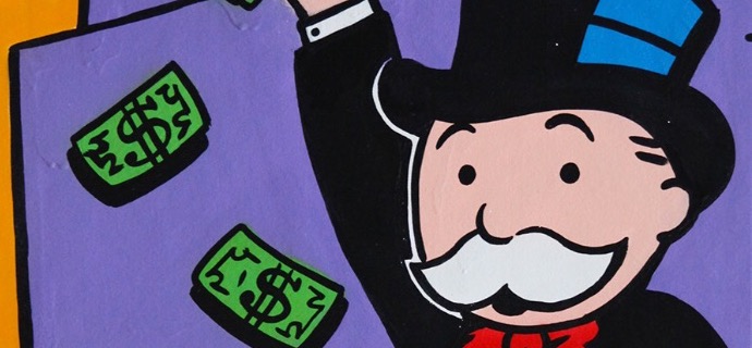 Richie giving $ to Monopoly - 36" x 24" inch - mixed media