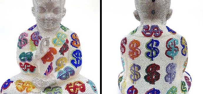 Punk Buddha - Infinity feat Warhol - 46 x 36 x 30 cm - Sculpture en fibre de verre, peinture acrylique et cristaux Swarovski