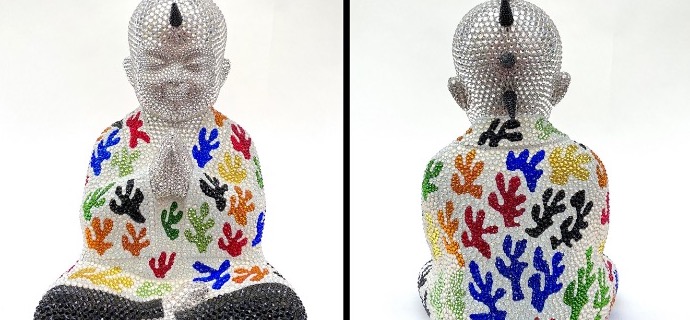 Punk Buddha - Just plain feat Matisse - 33 x 22 x 15 cm - Sculpture en fibre de verre, peinture acrylique et cristaux Swarovski