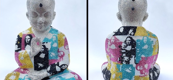 Punk Buddha - Me and Myself ft Warhol - 46 x 36 x 30 cm - Sculpture en fibre de verre, peinture acrylique et cristaux Swarovski