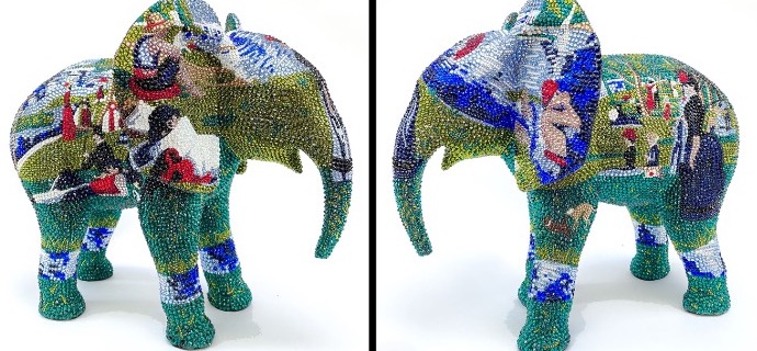Sunday's at the park feat Seurat - 36 x 33 x 41 cm - Sculpture en fibre de verre, peinture acrylique et cristaux Swarovski