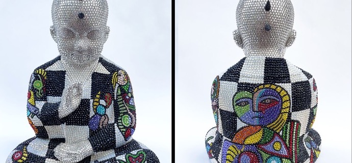 Louis & Pablo III feat Picasso - 46 x 36 x 30 cm - Sculpture en fibre de verre, peinture acrylique et cristaux Swarovski