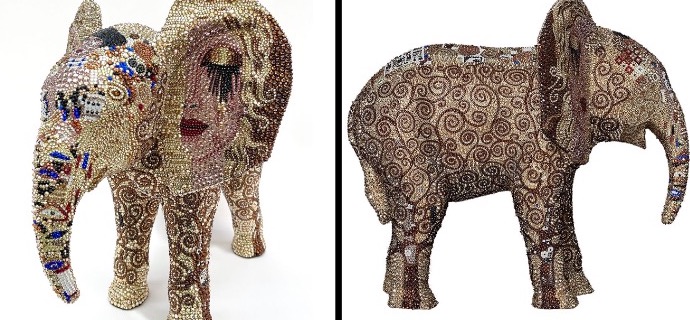 I love you very much feat Klimt - 36 x 33 x 41 cm - Sculpture en fibre de verre, peinture acrylique et cristaux Swarovski