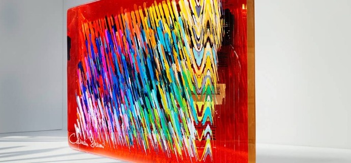 Red Notes - 12 x 16" in - resin inclusion