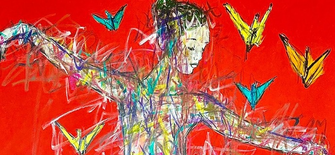 Le ballet d'origami - Inks of China, aerosol and resin on cloth - 77" x 51" inches