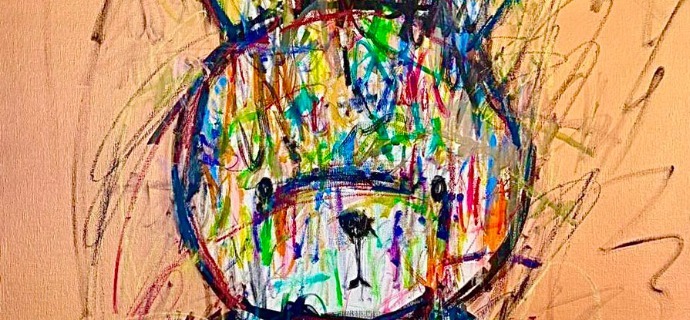 Monsieur Lapin - Inks of China, aerosol and resin on cloth - 39" x 59" inches